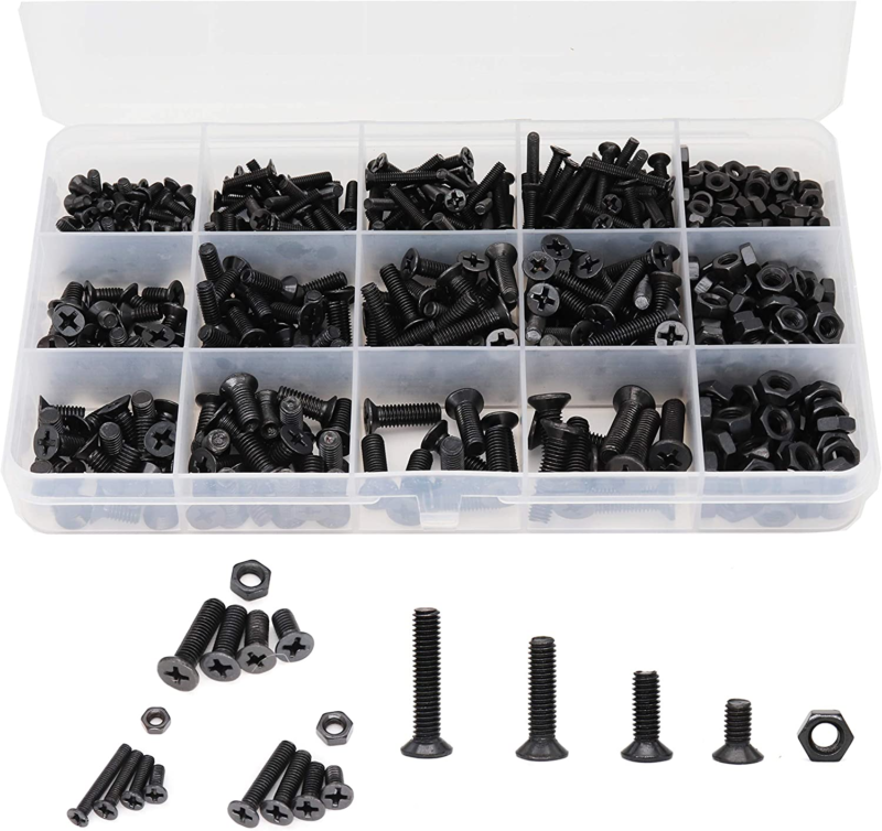 Primary image for 570Pcs Flat Phillips Countersunk Head M3 M4 M5 Black Screws Hex Nuts Assortment 