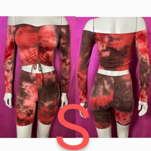 Primary image for Orange, Red, Brown Earth Tone Tie Dye Crop Top &  Biker Shorts 2 PC Set~Size S