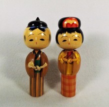 Pr of Wooden Japanese Kokeshi Dolls Signed Man Woman  Movable Wooden Jac... - £35.49 GBP