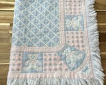 Vintage Teddy Bear Woven Tapestry Baby Blanket Throw Fringe Pastel Pink ... - £37.20 GBP