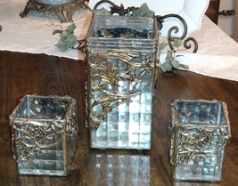 3pc Checkerboard Textured Glass &amp; Metal Candle Holders Gold Mirrored Bottom - $34.99