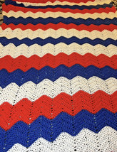 Crochet Blanket Quilt Red White Blue Colorblock Patriotic 48x98 Grannycore - £14.83 GBP