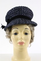 Vintage Blue Woven Straw Hat Crushed Blue Velvet Ribbon Signed Christine Size 22 - £14.28 GBP