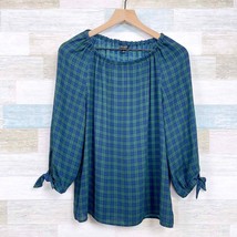 Talbots Blackwatch Plaid Blouse Blue Green Plaid Tie Sleeves Office Wome... - £19.73 GBP