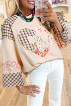 Beige Plaid Floral Peace Heart Graphic Wide Long Sleeve Top - £31.61 GBP