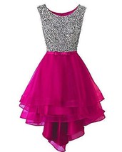 Kivary Vintage Beaded High Low Sheer Organza Prom Evening Formal Dresses Fuchsia - £94.73 GBP