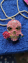 New Betsey Johnson Necklace Skull Red Rose Pink Rhinestone Halloween Collectible - £11.84 GBP