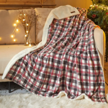 Reverse Sherpa Throw Blanket, Red plaid, Standard Throw 50&quot; x 60&quot; - £19.46 GBP