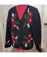 Coldwater Creek Poinsettia Christmas cardigan Sz M Sweater Embroidered Wool - $51.94 CAD