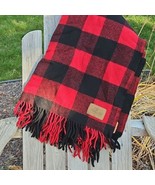 Pendleton Wool Camp Blanket Red Buffalo Plaid Fringed Leather Carrier St... - $95.90