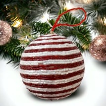 Allover Hand Beaded Ball Christmas Ornament Vtg Glass Bugle Beaded Red White - £19.75 GBP