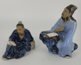 Vintage Chineese Shiwan Mudman Figurines Set of 2 Blue Glazed Clay Signed - £19.53 GBP