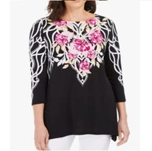 JM Collection Womens M Miriam Terrace Black Flower Relaxed Fit Top NWT A17 - $24.49