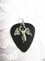 Icarus Swan Song Angel On Black Guitar Pick Charm Pewter Pendant Adj Necklace - £5.49 GBP