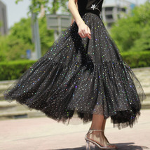 Black Sparkly Long Tulle Skirt Outfit Women Custom Plus Size Layered Tulle Skirt image 3