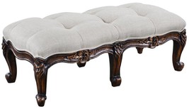 Long Footstool French Country Farmhouse Carved Wood Walnut, Oatmeal Linen - £494.80 GBP
