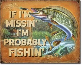 Bass Fishing Probably Fishin Lake Cabin Rustic Made USA 16x13 Metal Tin Sign New - £17.39 GBP