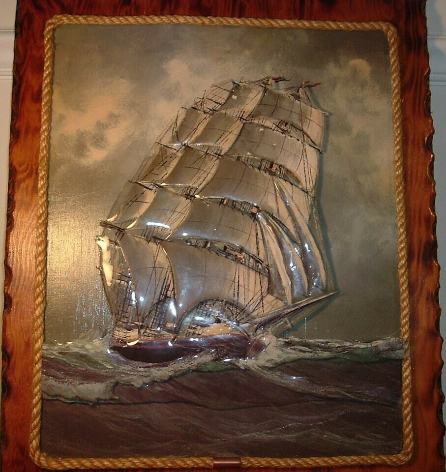 VINTAGE UNIQUE HANDPAINTED PAPER CUT SCULPTURED PICTURE OF A SAILBOAT 3D - $4.00