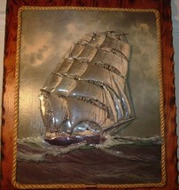 Vintage Unique Handpainted Paper Cut Sculptured Picture Of A Sailboat 3D - £3.19 GBP