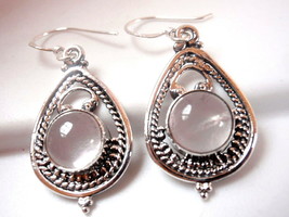 Rose Quartz Earrings 925 Sterling Dangle Drop in Hoop with Silver Dot Accents - $22.49