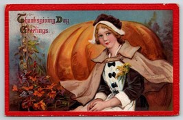 Frances Brundage Thanksgiving Greetings Pilgrim Large Pumpkin Postcard V29 - £7.93 GBP