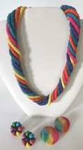 Vintage 6 Strand Wood Bead Rainbow Color Necklace &amp; Two Pairs Rainbow Earrings - £19.60 GBP