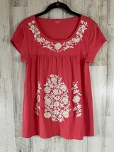 Garnet Hill Womens Top Sz Small Coral Pink Floral Embroidered Cotton Mod... - $24.72