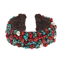 Mosaic TQ/Coral/Pearl Expandable Organic Cuff/Bracelet - £12.72 GBP
