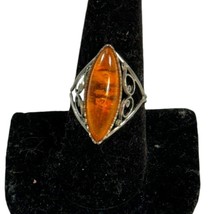 Vintage Orange Jasper Art Deco Gemstone Ring Silver Scrollwork Size 9 So... - £53.12 GBP