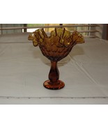 Amber Glass Ruffled Edge Thumbprint Pedestal Candy Dish Compote Vintage ~ - £16.18 GBP