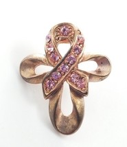 VTG Olit USA Pink Ribbon Breast Cancer Awareness Rhinstone Copper Tone Pin - $258.64 MXN