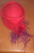 100% Wool Hat Red Fancy Formal Church Feather Plume Women’s Large - $28.83