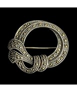 Sterling Silver Marcasite Circle Brooch - Ribbon and Knot Design - $40.00