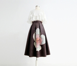 Black A-line Midi Party Skirt with Pockets Women Floral Pleated Party Skirt image 1