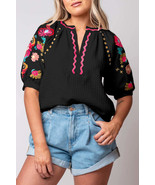 Black Floral Embroidered Ricrac Puff Sleeve Textured Blouse - $58.99