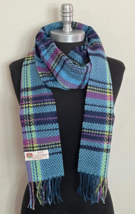 Fast 100% CASHMERE SCARF Plaid Blues/Purple/Lime Made in England Warm Wrap #1a10 - £14.41 GBP