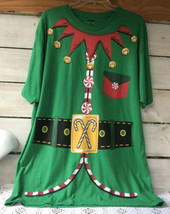 Men&#39;s XL 46-48 Christmas T-Shirt Elf Print faux jingle bells red candies... - £10.80 GBP