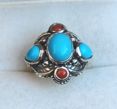 Artisan Crafted Sleeping Beauty Turquoise &amp; Coral Ring in Sterling 3.00 ctw, Sz5 - £55.91 GBP