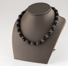 Sterling Silver Fancy Bead and Onyx Bead Strand Necklace with Toggle Clasp 19&quot; - £428.72 GBP