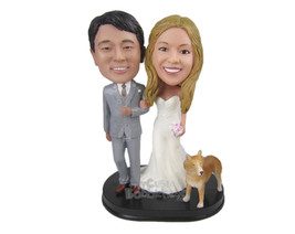 Custom Bobblehead Wedding Couple In Wedding Attire With Their Beloved Pet - Wedd - £131.50 GBP