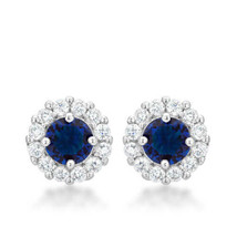 Precious Stars Silvertone Blue Cubic Zirconia Halo Stud Earrings - £16.59 GBP