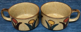 Vtg Pair Stoneware Pottery Coffee Mug Brown Floral Tulip Flower Speckled ~800A - £30.39 GBP