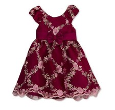 Rare Editions Baby Girls 12M Burgundy Embroidered Floral Mesh 2 Pc Dress... - $29.44