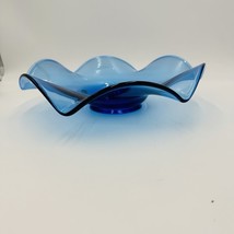 Viking Art Glass Bluenique Blue Ruffled 6 Petals Bowl 3in x 12in Rare MCM - $76.50