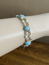 Faux Pearl Turquoise Cabochon 6&quot; Bracelet Vintage Gold-Tone Link - $25.00