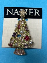 Napier CHRISTMAS TREE w Tiny Green &amp; Colorful Rectangles Rhinestones &amp; Faux Whit - £22.62 GBP
