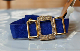 Cobalt Blue Pleather Bracelet Silver Tone Rectangle W Rhinestones - £13.55 GBP