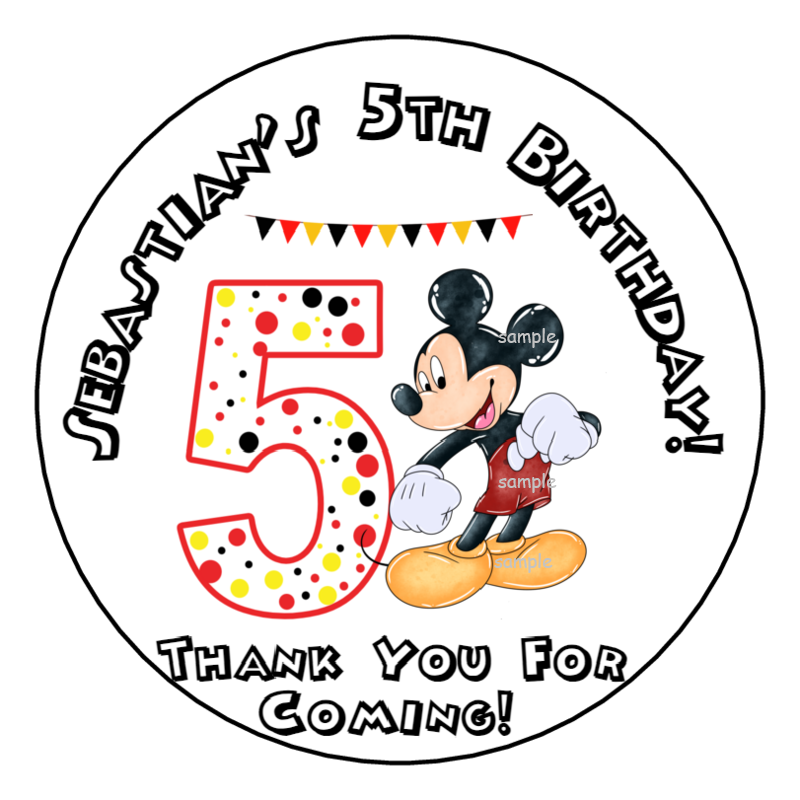 Mickey Mouse 5th Birthday Party Favor Stickers 2.5" Disney, Personalized, Tags