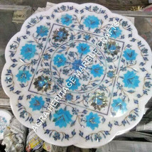 16&quot; White Marble Serving Plate Turquoise Inlaid Floral Arts Kitchen Decor E1141 - £450.98 GBP