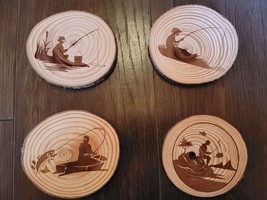 Fisherman Fishing Laser Engraved Wood 4pc Coaster Set Rustic Wood Slice ... - $12.00